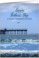 Father’s Day Ocean Beach Pier California with Surf and Flying Pelican card