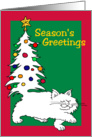 Season’s Greetings, White Cat With Christmas Tree Tail card