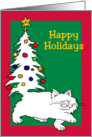 Happy Holidays, Fluffy White Cat With Christmas Tree Tail card