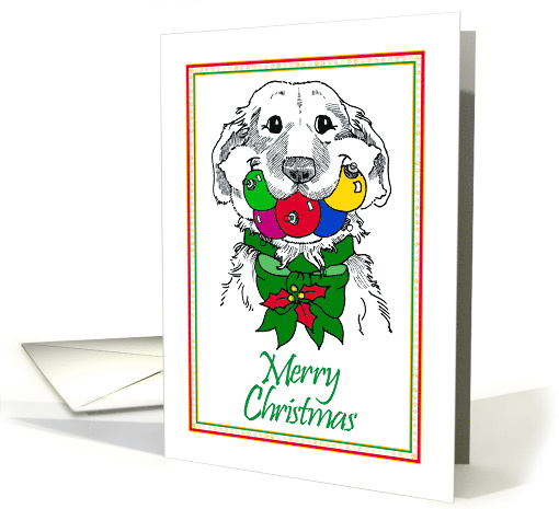 Merry Christmas, Golden Retriever with Mouthful Of Nine Ornaments card