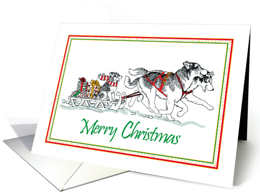 Merry Christmas, Siberian Husky Sled Dogs With Presents And Puppy card