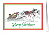 Merry Christmas, Siberian Husky Sled Dogs With Presents And Puppy card