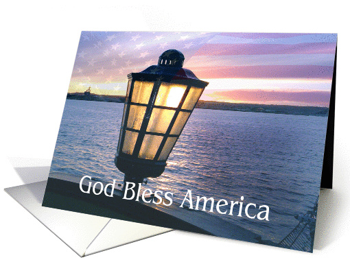 God Bless America, American Flag at Sunset Over San Diego Bay card