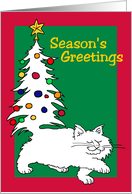 Season’s Greetings, White Cat With Christmas Tree Tail card