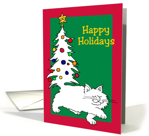 Happy Holidays, Fluffy White Cat With Christmas Tree Tail card