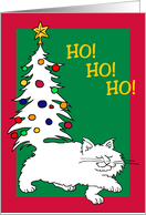 Fluffy White Cat With Christmas Tree Tail, Ho! Ho! Ho! card