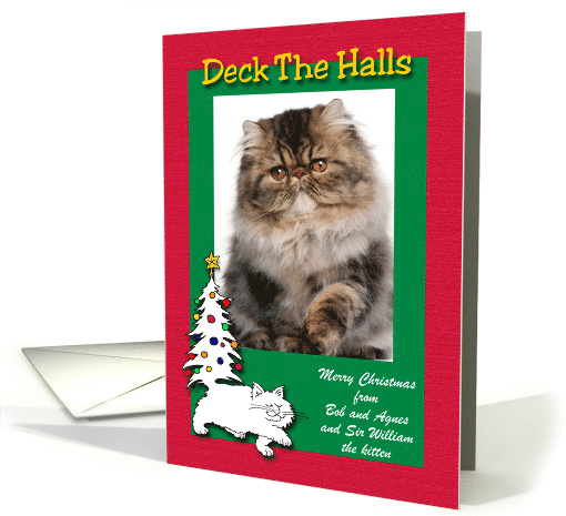 Custom Photo Personalized Christmas White Cat with Decorated Tail card