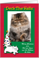 Custom Photo Personalized Christmas White Cat with Decorated Tail card