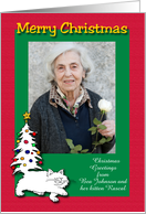 Christmas Custom Photo White Cat with Decorated Christmas Tree Tail card