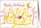 Happy Holidays Christmas Snowmen Primitive Tree Crescent Moon card