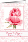 Happy Birthday on Valentine’s Day Pink Rose Flower Watercolor Art card