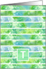 Monogram Letter T Green Watercolor Stripe card