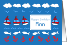 Happy Birthday Finn Sailboats Fish Red White Blue card