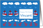 Happy Birthday Vincent Sailboats Fish Red White Blue card