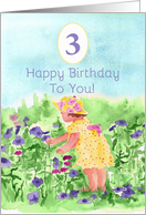 Happy Third Birthday Little Girl Picking Flowers Watercolor card