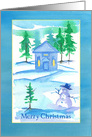 Merry Christmas Country Cottage Snowman Watercolor card