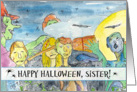 Zombie Happy Halloween Sister Full Moon Bats Black Cats card