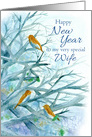 Happy New Year Wife Bluebirds Winter Trees Watercolor card