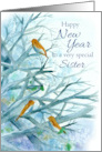 Happy New Year Sister Bluebirds Winter Trees Watercolor card