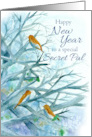 Happy New Year Secret Pal Bluebirds Winter Trees Watercolor card