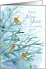 Happy New Year Friend Bluebirds Winter Trees Watercolor card