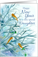 Happy New Year Daughter Bluebirds Winter Trees Watercolor card