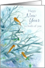 Happy New Year To Both of You Bluebirds Winter Trees Watercolor card