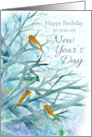 Happy Birthday on New Year’s Day Bluebirds Winter Trees card