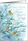 Happy Anniversary on New Year’s Day Bluebirds Winter Trees Watercolor card