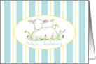 Baby’s Christening Invitation Lamb Art Drawing Blue Stripe card