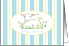 Baby’s Baptism Invitation Lamb Art Drawing Blue Stripe card
