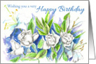 Happy Birthday White Rose Flowers Watercolor Art card