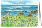 Happy Birthday Ocean Purple Lupine Flowers Watercolor Fine Art card