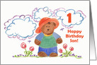 Happy First Birthday Son Brown Bear Kids Watercolor Art card
