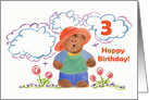 Happy Third Birthday Brown Bear Kids Watercolor Art card