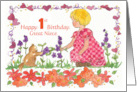 Happy 1st Birthday Great Niece Little Girl Pet Kitten Watercolor card