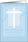 Baptism Blessings Special Twins White Cross Blue Leaves card