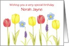 Custom Name Happy Birthday Red Yellow Tulips Flowers Drawing card