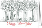 Happy New Year Forest Animals Deer Rabbit Drawing card