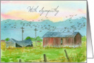 With Sympathy Barns Birds Country Landscape Watercolor Painting card