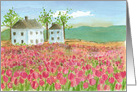 Pink Tulip Field Shaker House Watercolor Painting Blank card