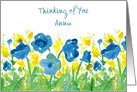 Thinking of You Custom Name Blue Yellow Watercolor Flowers card