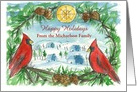Happy Holidays Custom Name Red Cardinal Birds Village Scene card