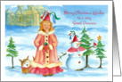 Merry Christmas Wishes Sweet Princess Snowman Castle Watercolor card