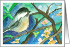 Happy Birthday Chickadee Bird In Tree Watercolor Flowers card