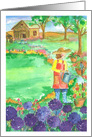 Woman Gardening Purple Alliums Flowers Blank card