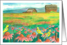 Country Barn Meadowlark Birds Coneflowers Watercolor Blank card