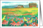 Happy Birthday Meadowlark Birds Pink Coneflowers card