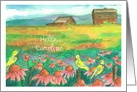 Hello Custom Name Country Barn Meadowlark Birds Pink Coneflowers card