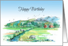 Happy Birthday Cows Country Landscape Watercolor Drawing card